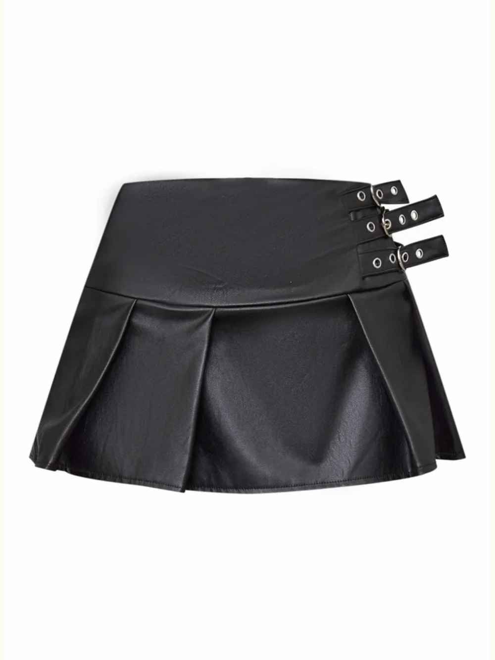 Black Faux Leather Pleated Mini Skirt with Side Buckles